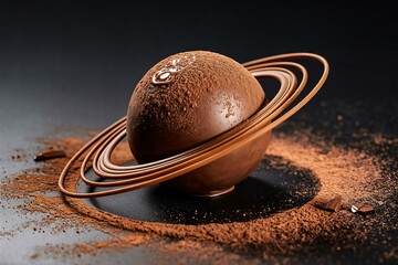 Chocolate sphere cocoa dust Saturn rings dessert planet dark surface surreal fantasy concept