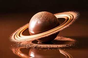 Chocolate planet Saturn rings cocoa dust glossy sphere reflection surreal fantasy background