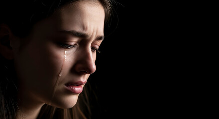 Portrait of a Woman Crying Tears of Sadness with Sweat Drops on Her Face