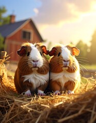 Two guinea pigs in a pile of hay in front of a barn