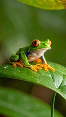 Fototapeta premium Vibrant green tree frog with red eyes on a large leaf