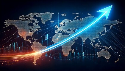 A world map with a glowing arrow shows global growth and progress, with data visualizations and a dark backdrop. This scene emphasizes interconnectedness, depicting the rise of international commerce.