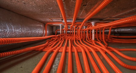 Intricate Network of Orange Electrical Conduits Underneath Ceiling Structure