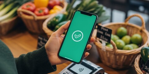Checkout retail at a modern eco market of healthy food products. A woman is holding a phone in her hand with a paid checkmark symbolizing remote payment of goods next to the cash register