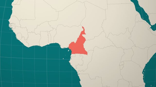 Cameroon map. Animated zoom into the country on the Globe in Teal Pale Mint color palette. Country logo animation. Map with meridians, parallels. Appealing video.