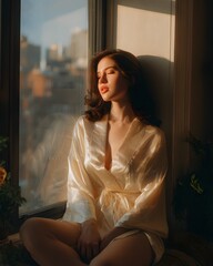 Beautiful Woman Sitting by Window in Warm Morning Light Wearing Silk Robe