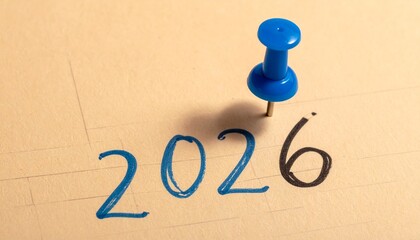 Planning for 2026 A pushpin highlights this significant year, representing future goals, upcoming deadlines, and the careful organization required for future achievements