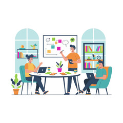 Casual office roundtable where a leader presents fresh ideas. Creative briefing in a cozy studio with notepads and laptops. Small team workshop, presenter outlines strategy on a board