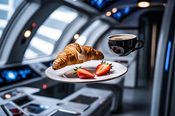 Croissant strawberries coffee cup floating spaceship interior lights surreal sci-fi background