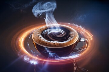 Coffee cup swirling steam glowing ring dark background surreal fantasy vortex concept