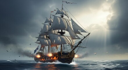 Fototapeta premium Old sailing warship firing canons in naval battle at sea under dramatic sky. Historical military conflict concept for gaming or history.