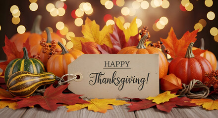 A cozy and rustic composition with a beautiful craft tag showing happy Thanksgiving text on a wooden table surrounded by a variety of pumpkins and colorful autumn leaves with a glowing bokeh light 