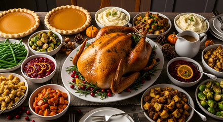 A beautiful top view shot of a delicious and traditional Thanksgiving feast with a whole roasted turkey surrounded by various side dishes, pumpkin pies, and fresh vegetables for a commercial food 