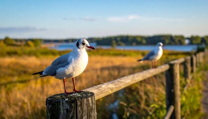 Two Gulls Perched Wooden Fence