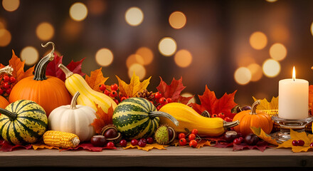 A cozy and rustic composition with a beautiful white glowing candle and a variety of colorful pumpkins, gourds, and autumn leaves on a wooden table with a blurred bokeh light background copy space 