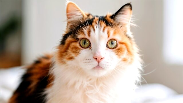 Fluffy Calico Cat Green Eyes Close Up