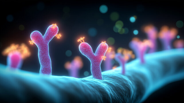 Y shaped membrane receptors with bound molecules depicting cell communication pathways and the mechanisms targeted by modern drugs and biologics.
