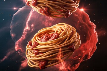 Spaghetti nests tomato sauce floating space nebula glow red pink surreal fantasy background