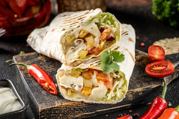Vegetarian shawarma wrap with fries and fresh vegetables