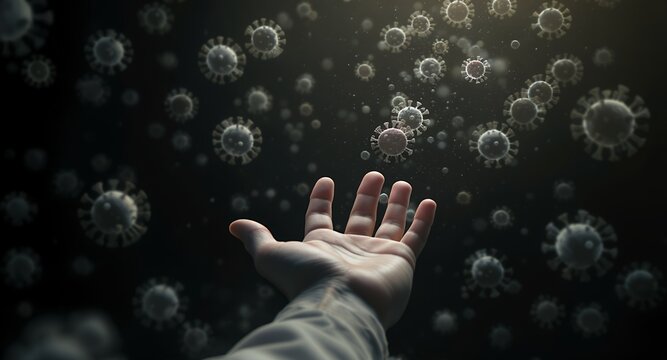 Microscopic Virus Particles Floating Near an Open Hand, Representing Germs and Contagion Concepts