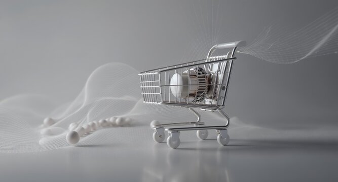 Mini Shopping Cart with Abstract Flowing Elements and Spheres