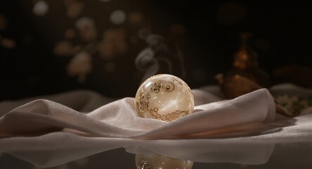 Mystical Glowing Orb with Golden Filigree and Gentle Smoke Wisps on Luxurious Fabric