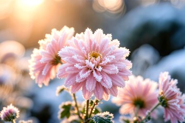 Pink Frosted Chrysanthemum Flowers Sunrise