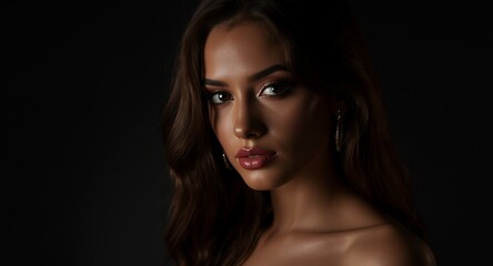 Portrait of a woman with striking makeup and a glamorous look, studio lighting, dark background