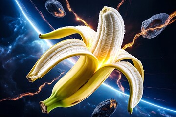 Banana peeled space asteroids glowing planet light streaks surreal fantasy cosmic background