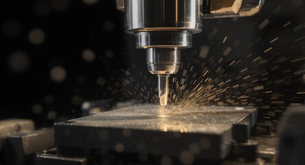Precision Machining Process, Industrial Metal Cutting with Sparks Flying