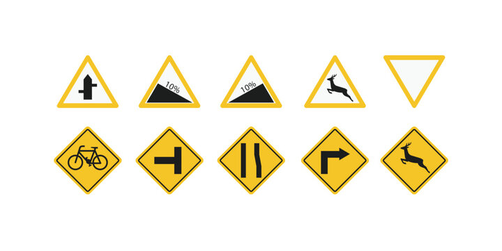 Road safety signage clipart set with warning symbols, safety first signs, under construction boards, pedestrian alerts, and caution yellow sign collection for traffic rules and driving safety