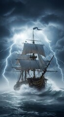 Fototapeta premium Old sailing ship on stormy sea with lightning. Classic navy vessel battling huge wave in ocean. Warship in distressed weather.