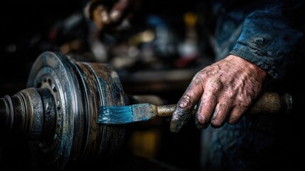 Close-up of mechanic's hand using brush on metal part in workshop  