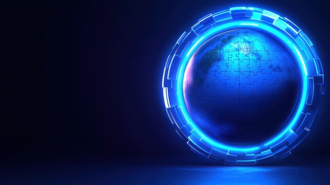 Glowing puzzle globe with tech ring, blue technology background.