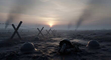 A battlefield with barbed wire fence and soldier equipment under misty sky at sunrise. Concept of war, conflict, and destruction.