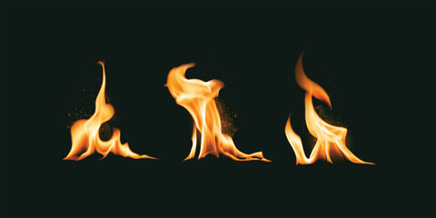 Set of fire flames elements with blazing hot fire effects, realistic burning flame graphics, glowing heat explosion, wildfire symbols, fiery illustration design for danger and hazard decoration