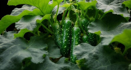 Ripe Cucumbers Growing on the Vine Among Lush Green Leaves