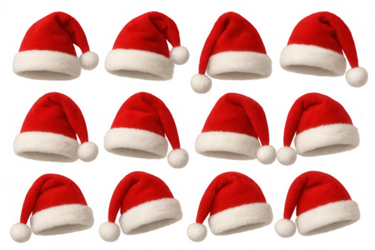 Santa hats collection on transparent background, symbol of christmas and winter holidays celebration