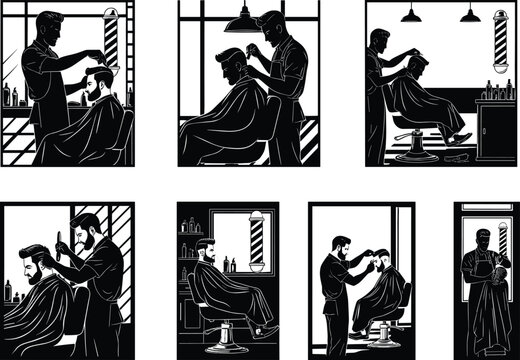 Barbershop vector illustration, haircut scenes, barber styling customer, scissors action, grooming service, black and white interior, vintage salon, daily lifestyle