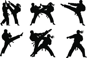 Martial arts silhouette, fighting pose, kick technique, sparring action, combat training, self defense, athlete movement, karate, taekwondo, vector illustration, black figure