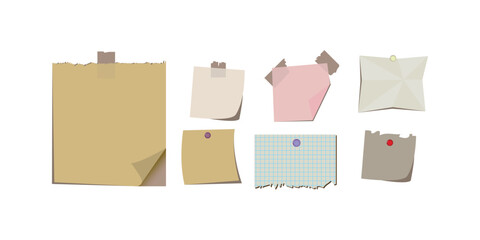 Set of torn notebook paper templates with grid and lined blank sheets, ripped edge design, flat style sticky notes for scrapbooking, collage, memos, reminders, creative stationery elements