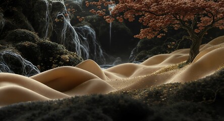 Serene Landscape with Autumn Tree and Cascading Water