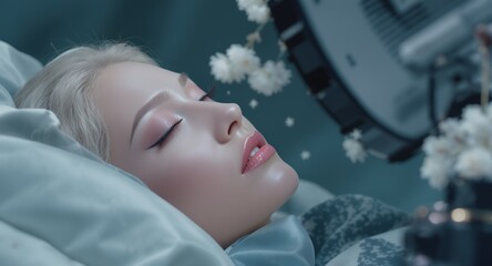 Serene Portrait of a Sleeping Figure with Delicate Floral Accents and Soft Lighting