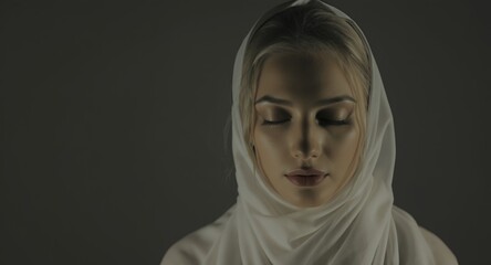 Serene portrait of a woman with eyes closed and white headscarf, soft lighting, contemplative mood