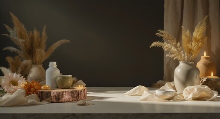 Serene Still Life with Pampas Grass, Flowers, Candles, and Vases on a Marble Surface
