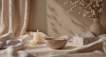 Serene Still Life with Soft Lighting, Candles, and Delicate Botanicals