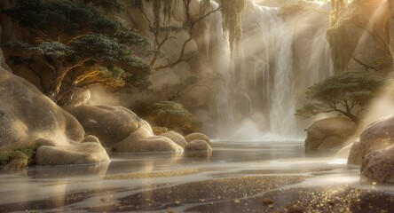 Serene Waterfall Landscape with Golden Sparkles and Lush Greenery