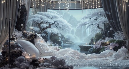 Serene Winter Oasis with Ethereal Figure Resting Amidst Snow-Kissed Flora and Cascading Waterfalls, illuminated by soft candlelight and shimmering overhead lights, creating a tranquil and magical