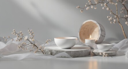 Serene Zen Composition with White Bowls, Delicate Blossoms, and Candlelight