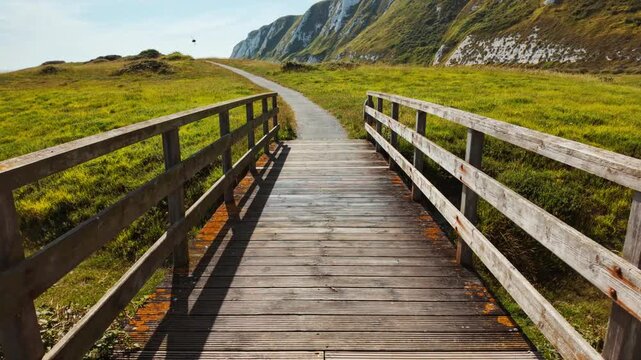 Samphire Hoe country park, Dover, Kent, England, UK, with chalk cliffs, sea wall paths and coastal meadows